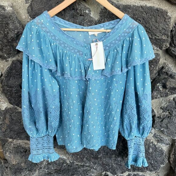 NWT Love Shack Fancy Women's Blue Bunnie Blouse Small - Picture 1 of 16